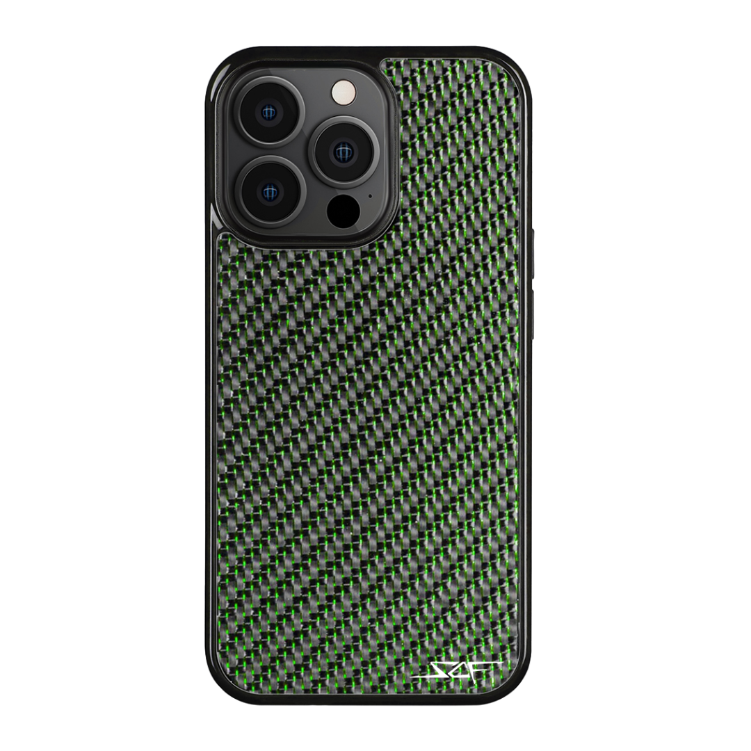 Green Laced Real Carbon Fiber Phone Case for iPhone, showcasing unique patterns and aluminum strings.