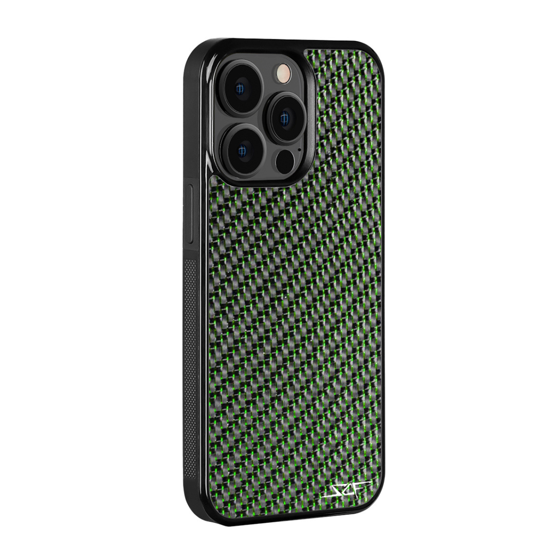 Green Laced Real Carbon Fiber Phone Case for iPhone, showcasing unique patterns and aluminum strings.