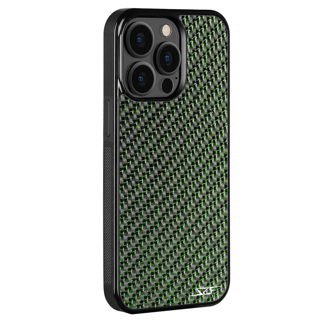 Green Laced Real Carbon Fiber Phone Case for iPhone, showcasing unique patterns and aluminum strings.