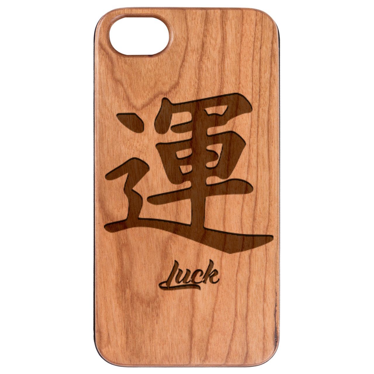 Japanese Luck Kanji engraved wooden phone case showcasing intricate design and natural wood finish.