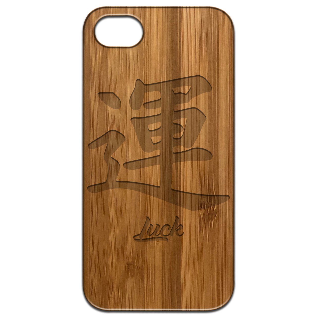 Japanese Luck Kanji engraved wooden phone case showcasing intricate design and natural wood finish.