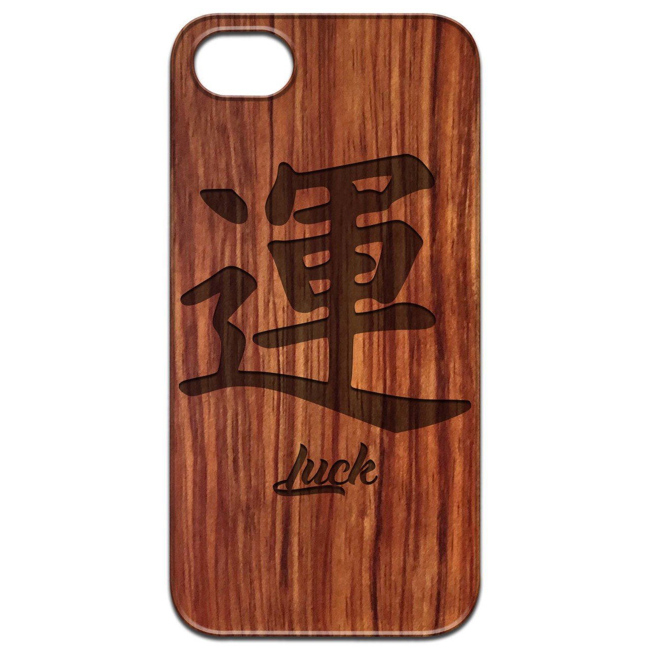 Japanese Luck Kanji engraved wooden phone case showcasing intricate design and natural wood finish.