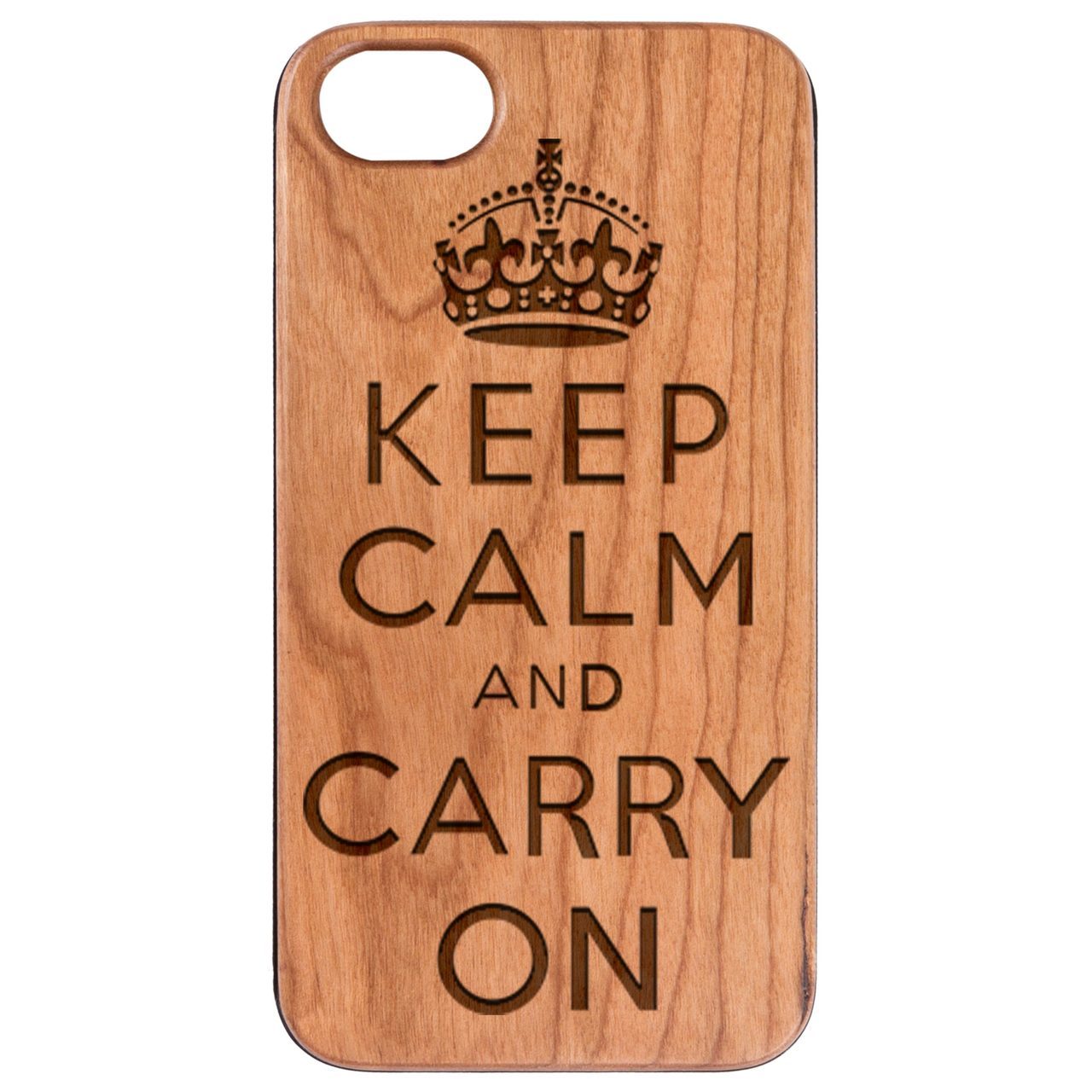 Engraved wooden phone case featuring 'Keep Calm And Carry On' design, showcasing natural wood texture and durable construction.