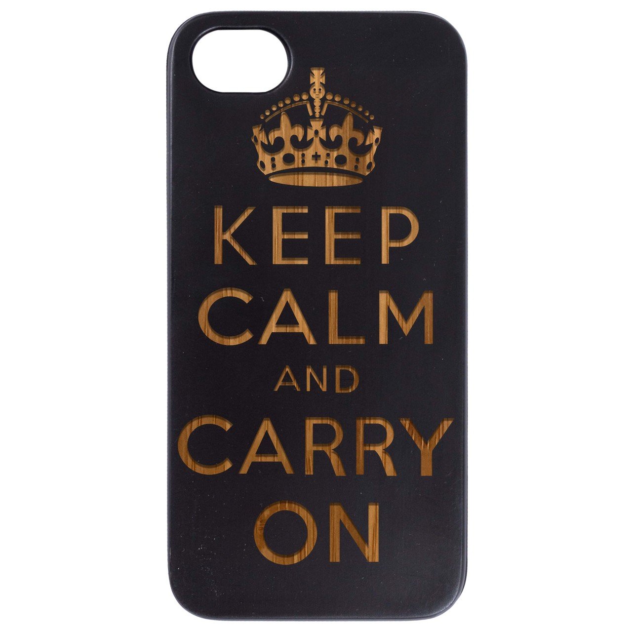 Engraved wooden phone case featuring 'Keep Calm And Carry On' design, showcasing natural wood texture and durable construction.