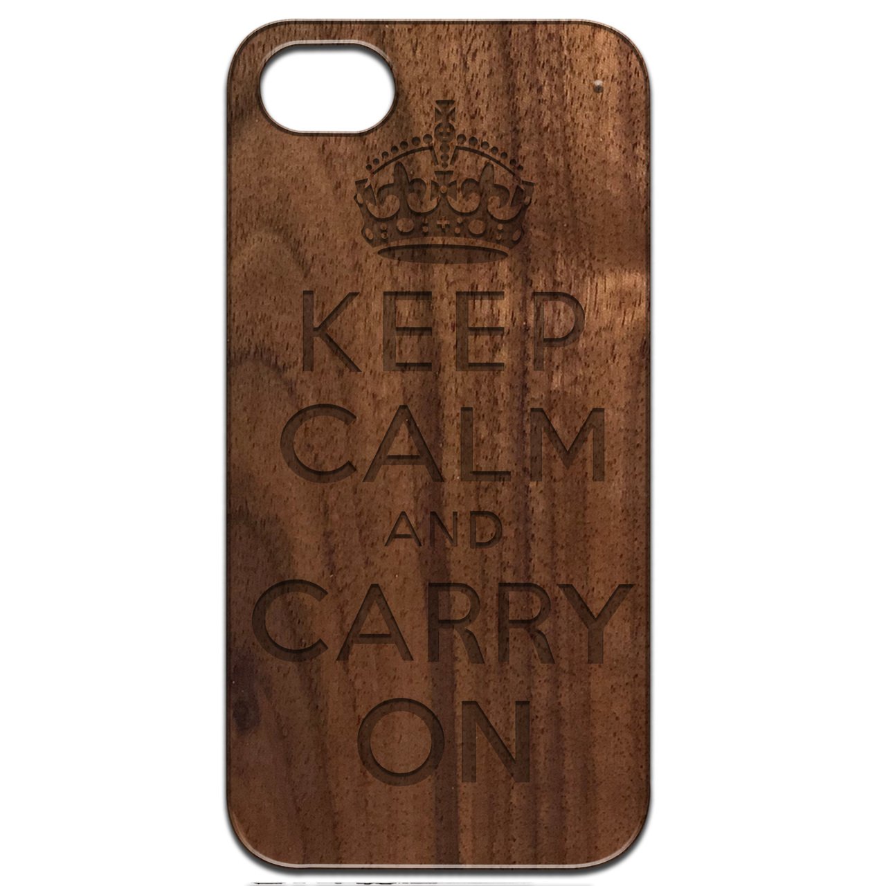 Engraved wooden phone case featuring 'Keep Calm And Carry On' design, showcasing natural wood texture and durable construction.