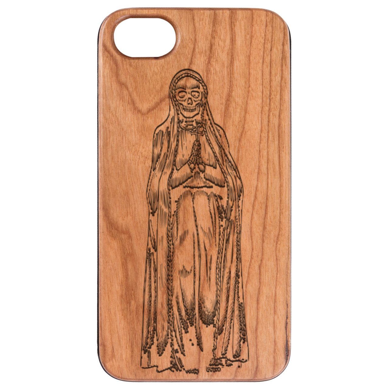 La Santa Muerte 2 - Engraved wooden phone case showcasing intricate laser engraving and natural wood finish.