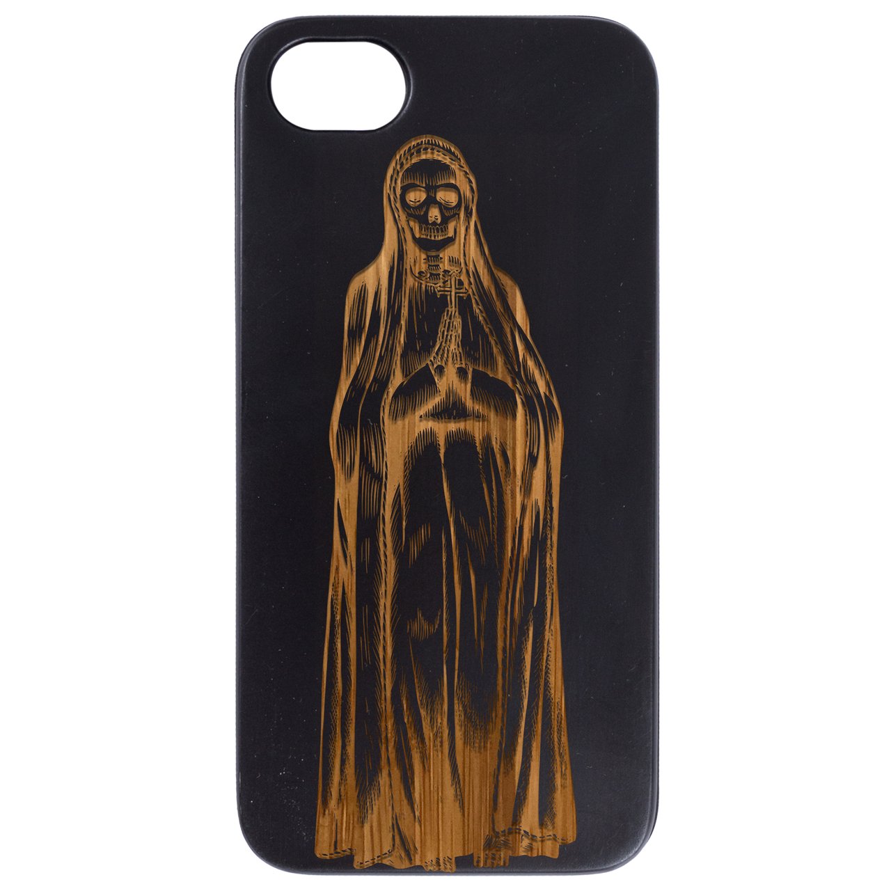 La Santa Muerte 2 - Engraved wooden phone case showcasing intricate laser engraving and natural wood finish.