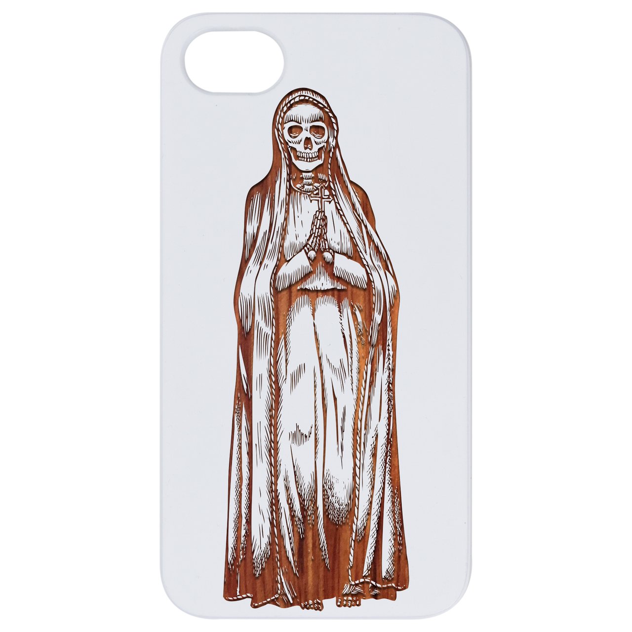 La Santa Muerte 2 - Engraved wooden phone case showcasing intricate laser engraving and natural wood finish.