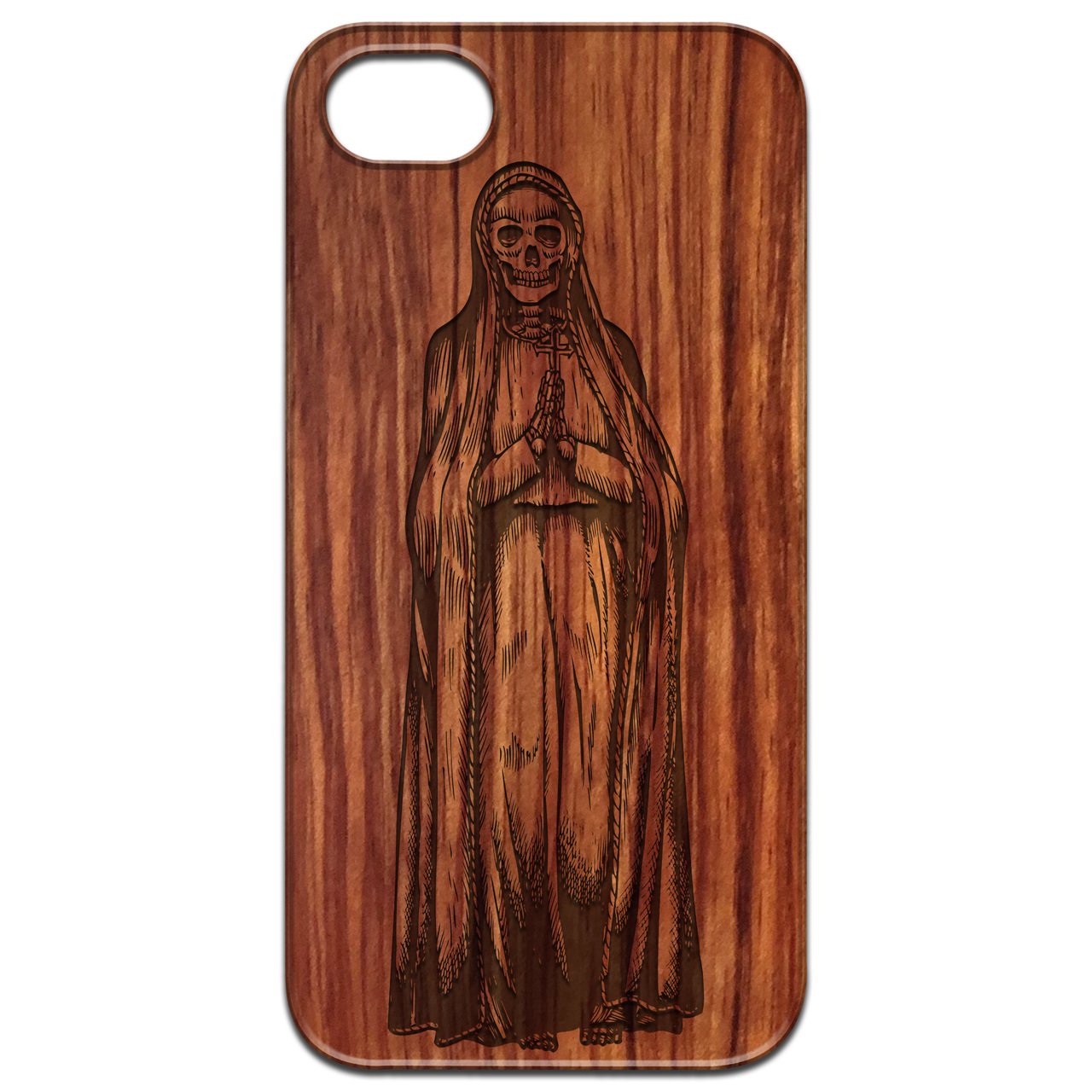 La Santa Muerte 2 - Engraved wooden phone case showcasing intricate laser engraving and natural wood finish.