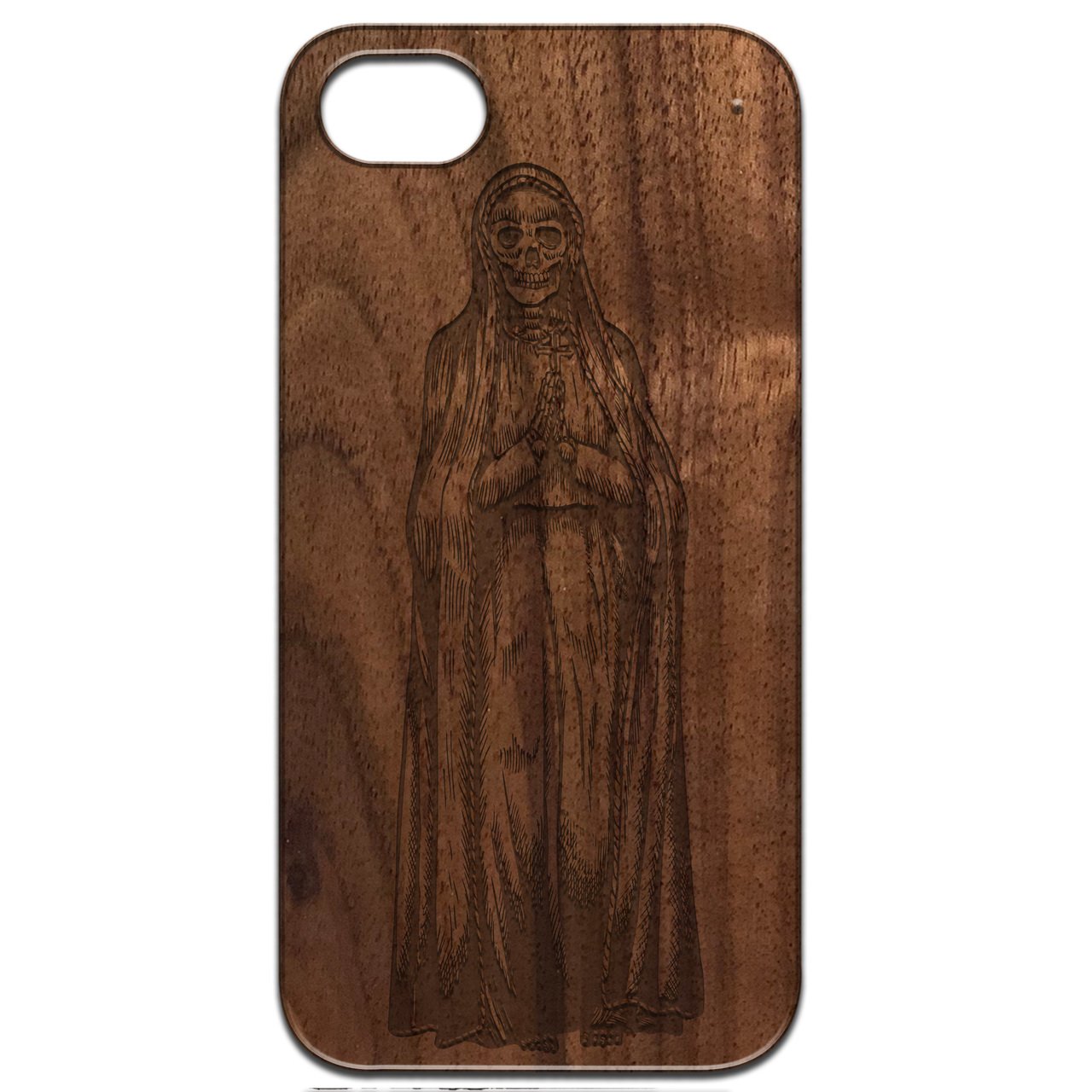 La Santa Muerte 2 - Engraved wooden phone case showcasing intricate laser engraving and natural wood finish.