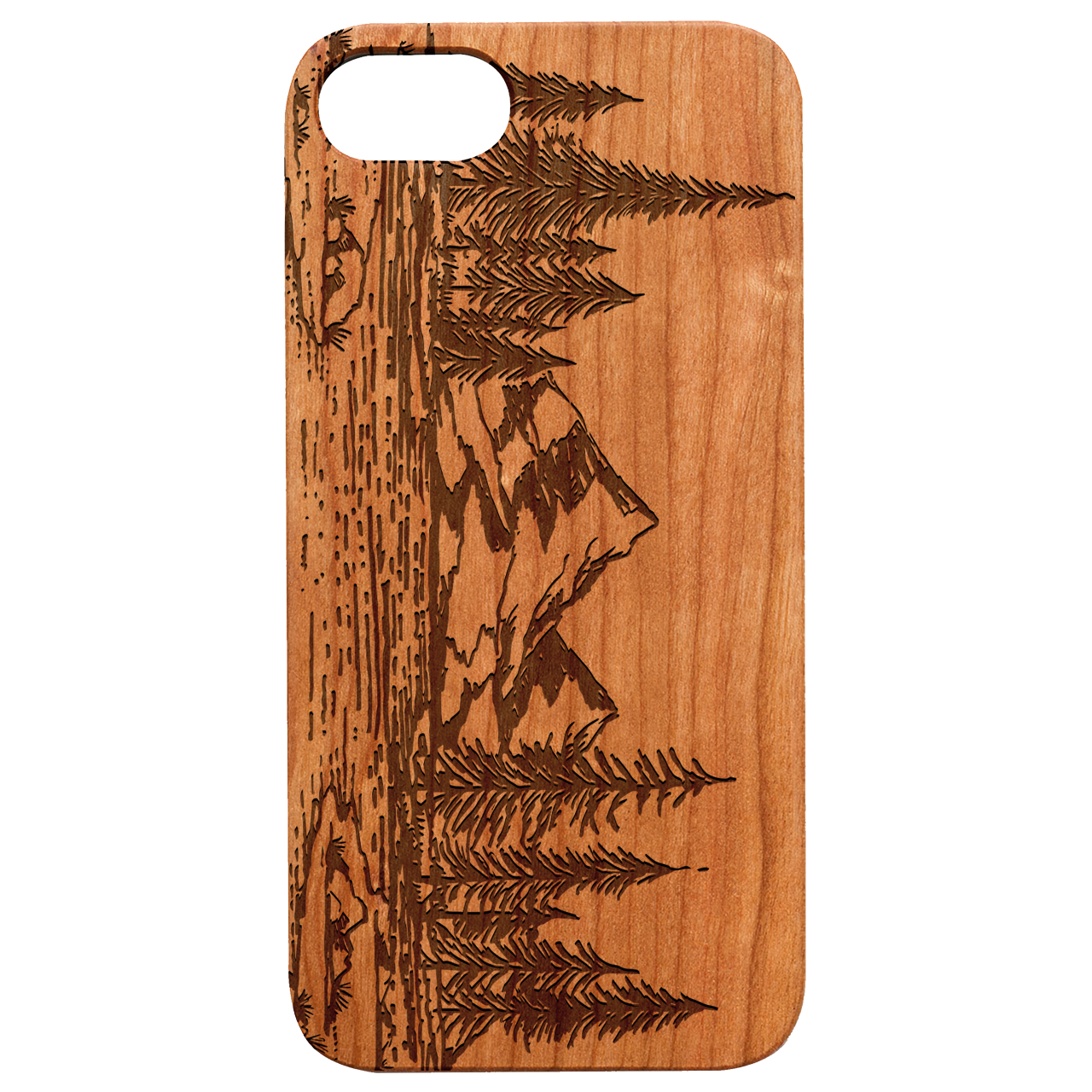 Landscape - Engraved wooden phone case showcasing intricate laser-engraved design and natural wood finish.