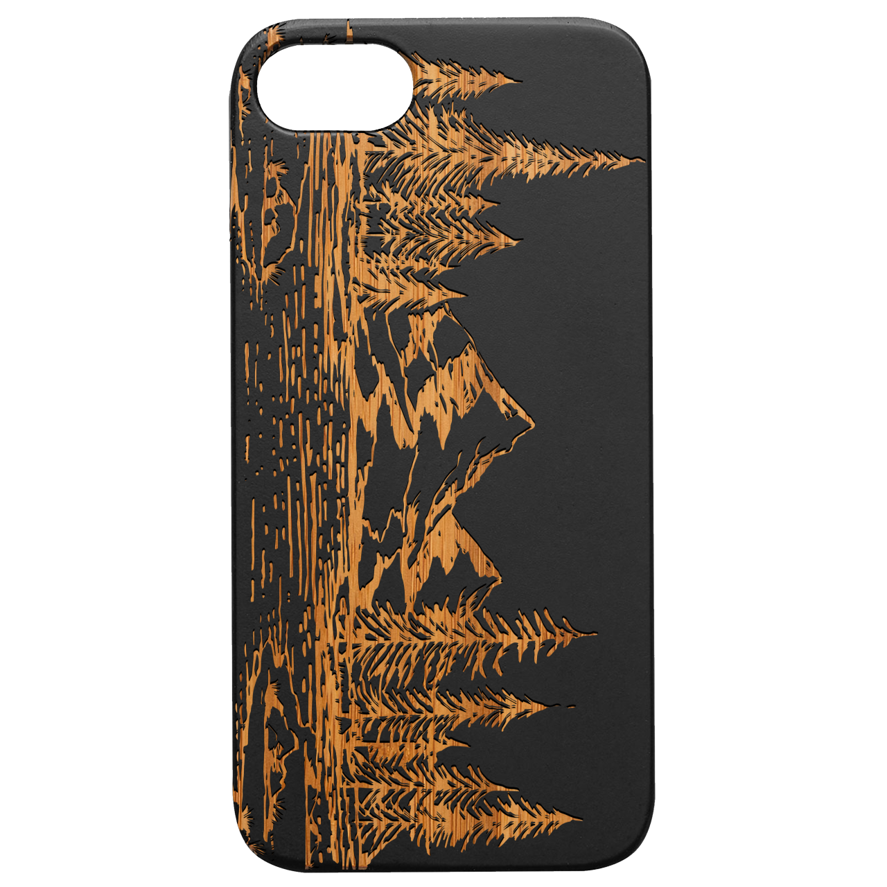 Landscape - Engraved wooden phone case showcasing intricate laser-engraved design and natural wood finish.