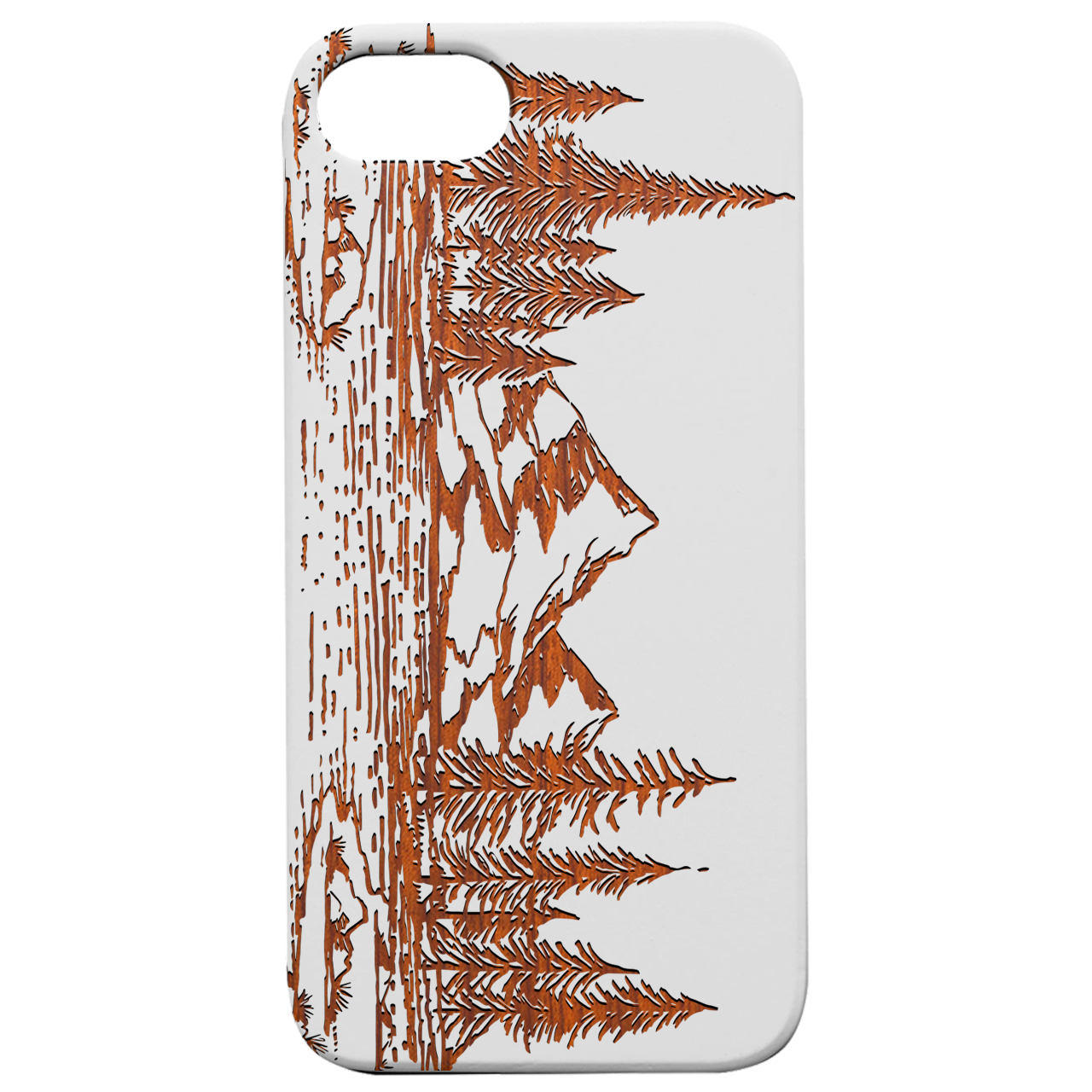 Landscape - Engraved wooden phone case showcasing intricate laser-engraved design and natural wood finish.