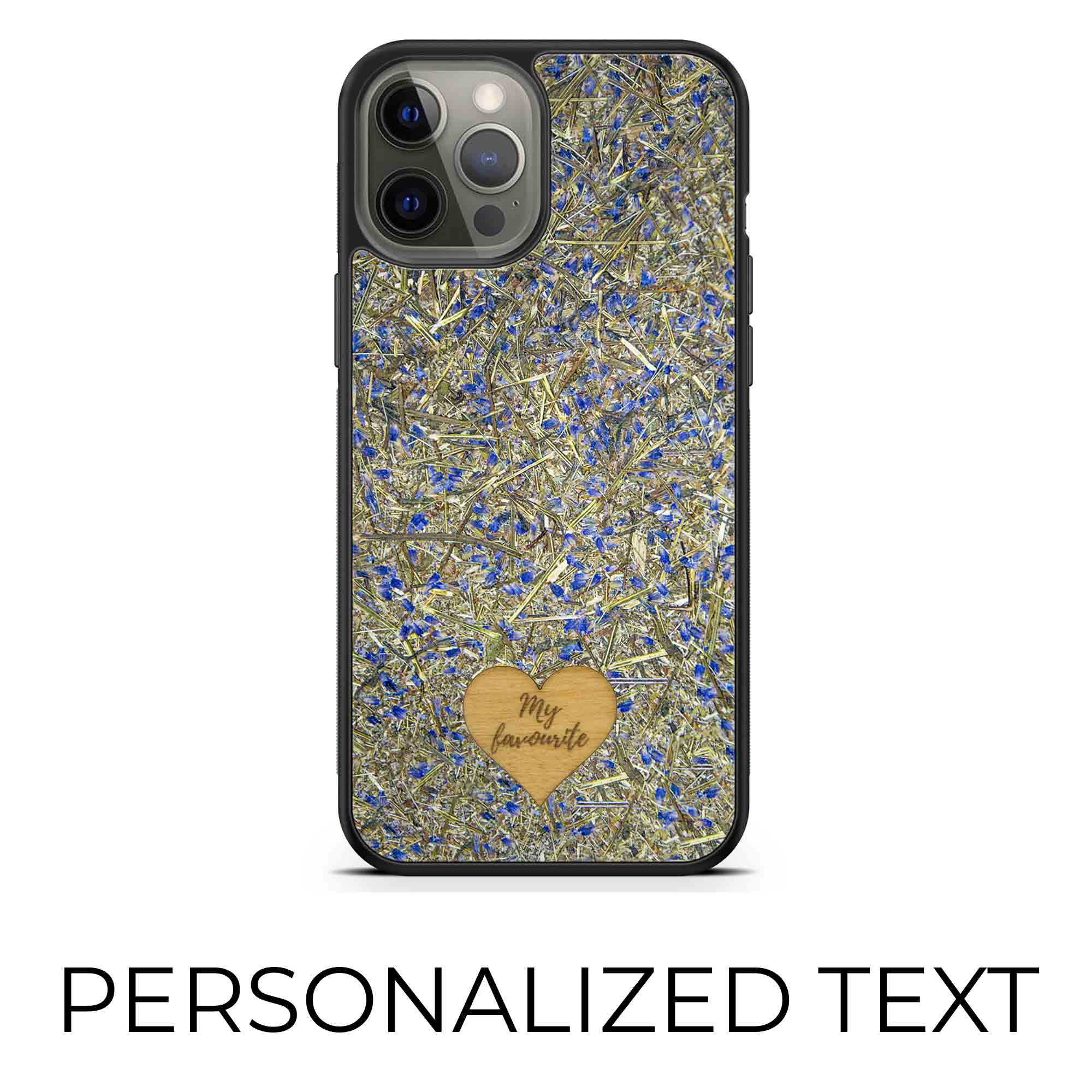 Personalized Lavender phone case featuring a wooden heart with custom text engraving, showcasing a unique and stylish design.