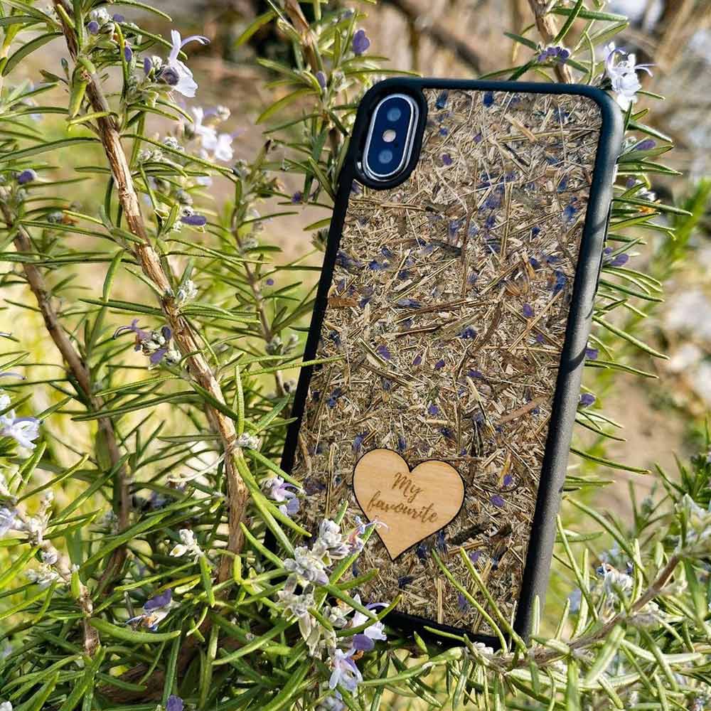 Personalized Lavender phone case featuring a wooden heart with custom text engraving, showcasing a unique and stylish design.