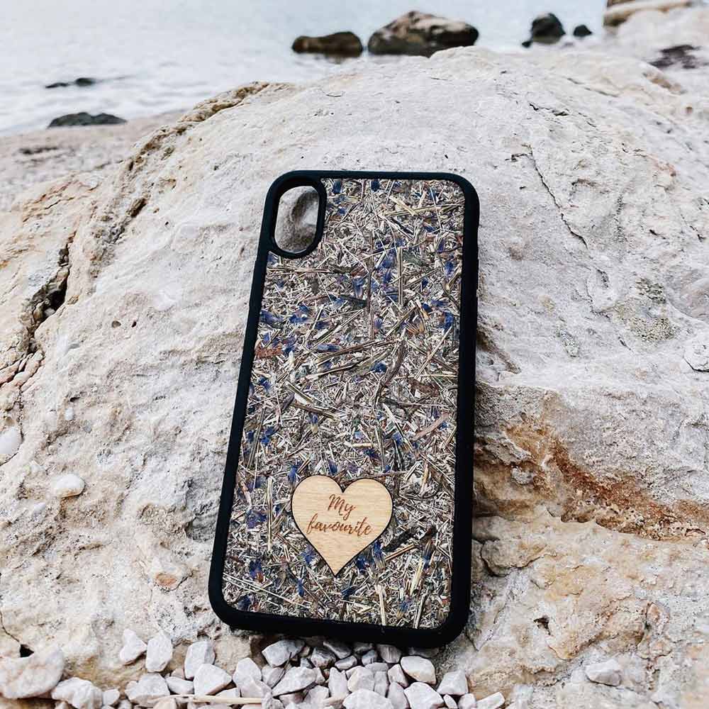 Personalized Lavender phone case featuring a wooden heart with custom text engraving, showcasing a unique and stylish design.