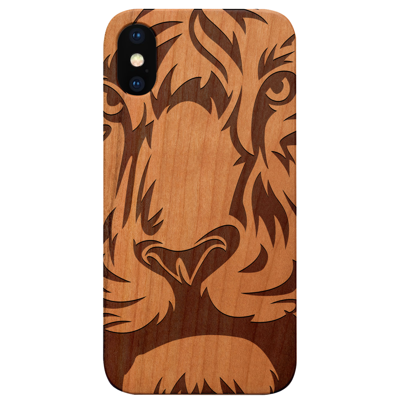 Lion Face 1 Engraved wooden phone case showcasing intricate lion design and natural wood finish.