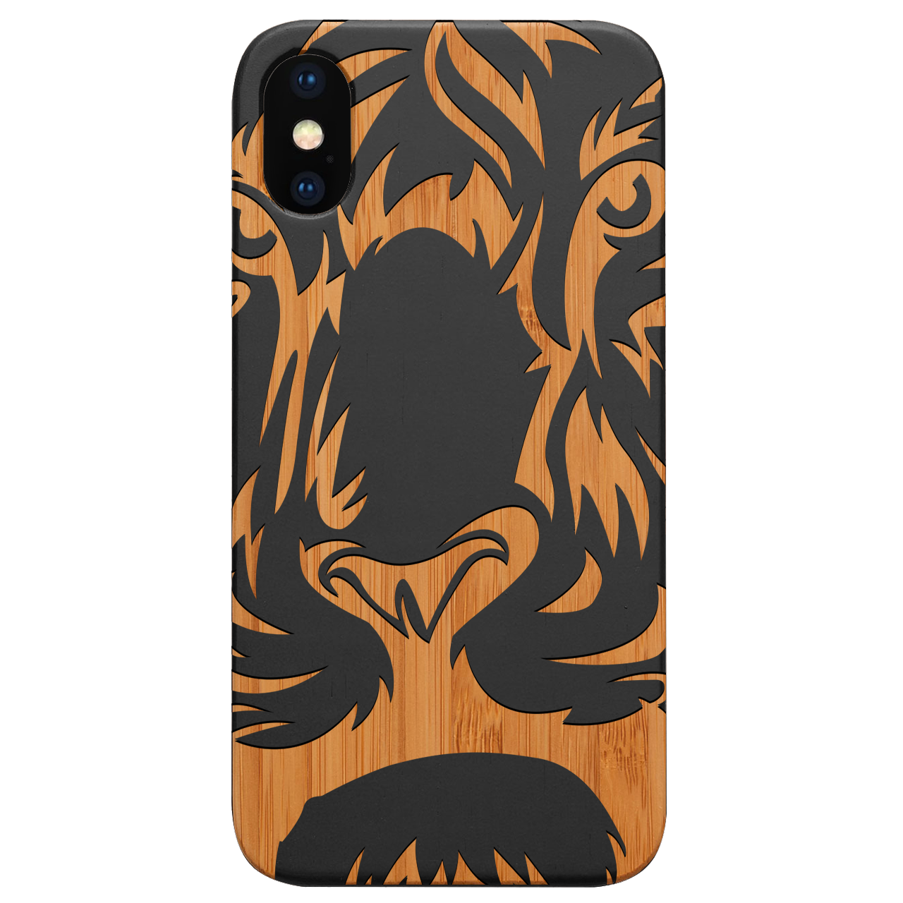 Lion Face 1 Engraved wooden phone case showcasing intricate lion design and natural wood finish.