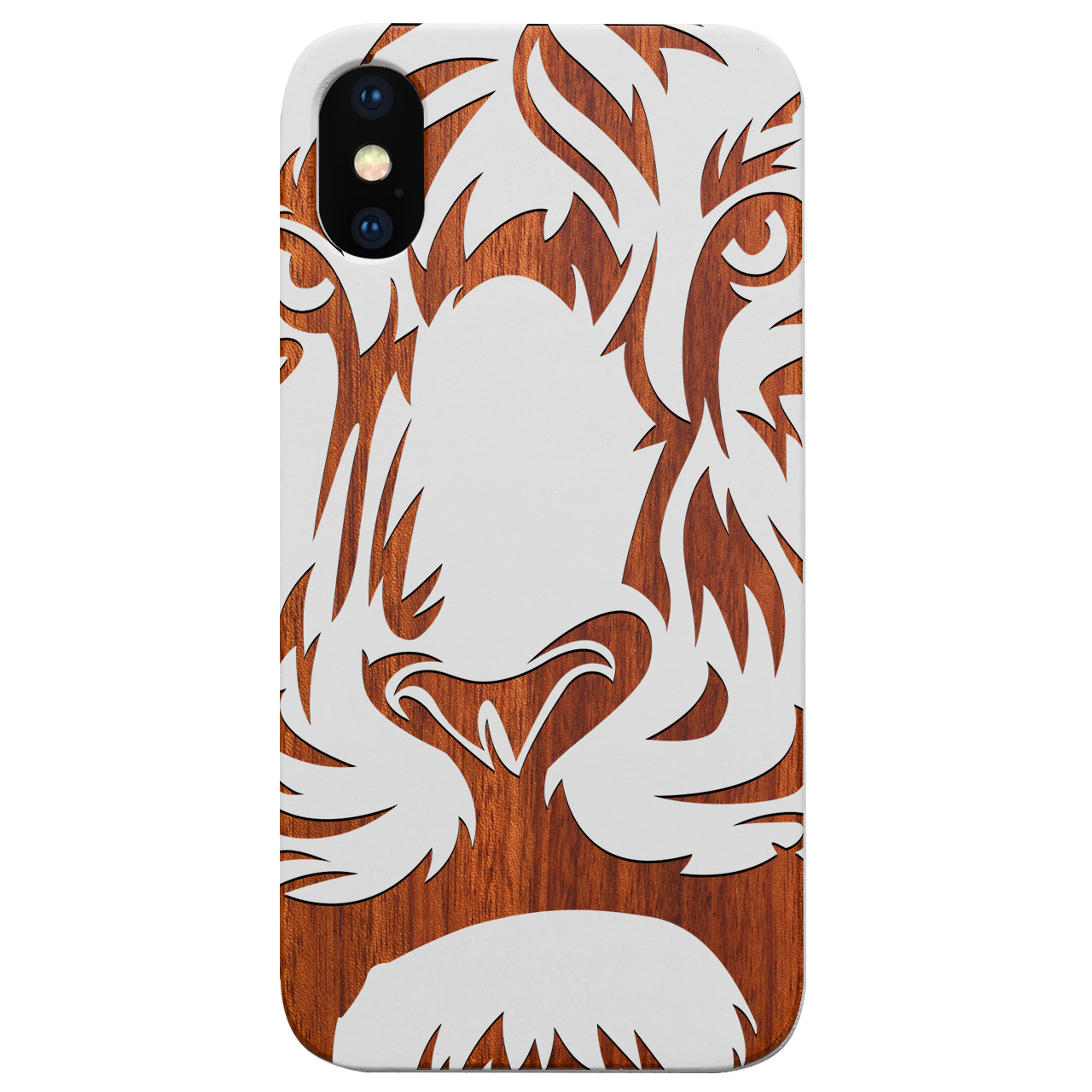 Lion Face 1 Engraved wooden phone case showcasing intricate lion design and natural wood finish.