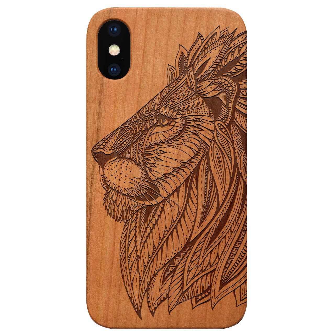 Lion Face 3 - Engraved wooden phone case showcasing intricate laser engraving and natural wood finish.