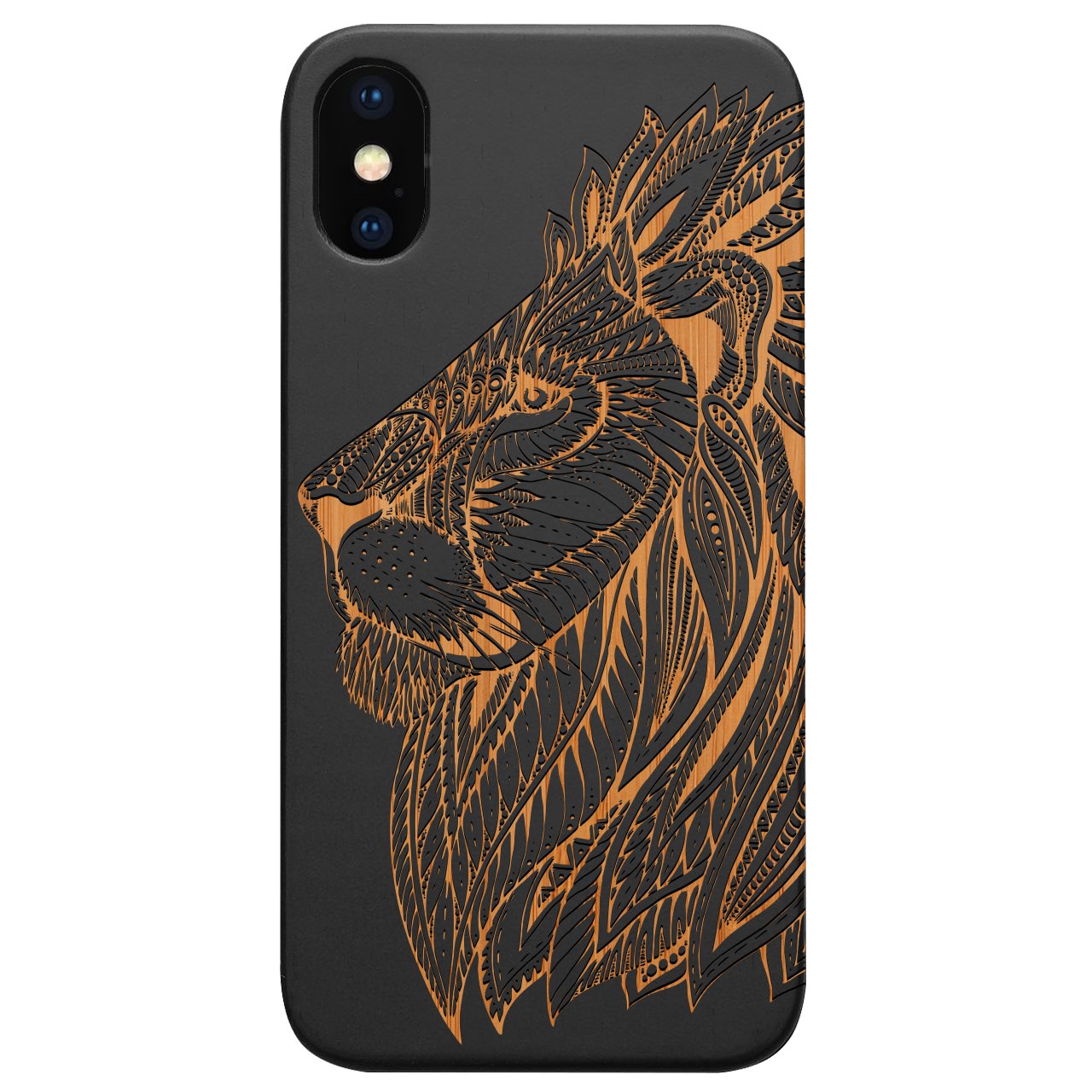 Lion Face 3 - Engraved wooden phone case showcasing intricate laser engraving and natural wood finish.
