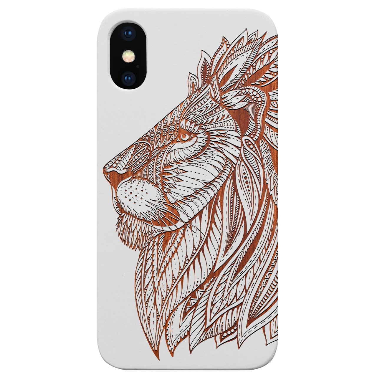 Lion Face 3 - Engraved wooden phone case showcasing intricate laser engraving and natural wood finish.