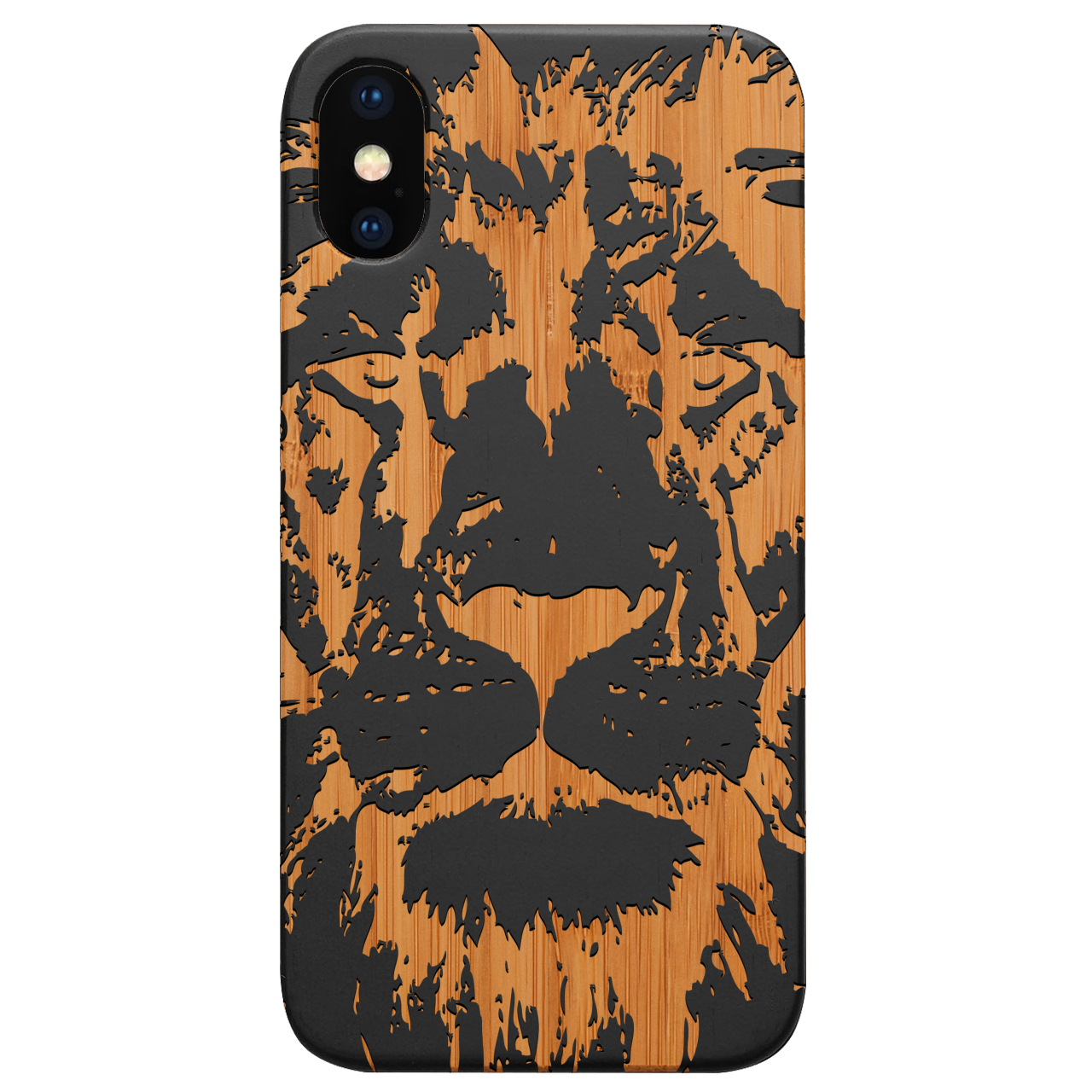 Lion Face 4 - Engraved wooden phone case featuring a detailed lion design, crafted from natural wood with a durable rubber bumper.