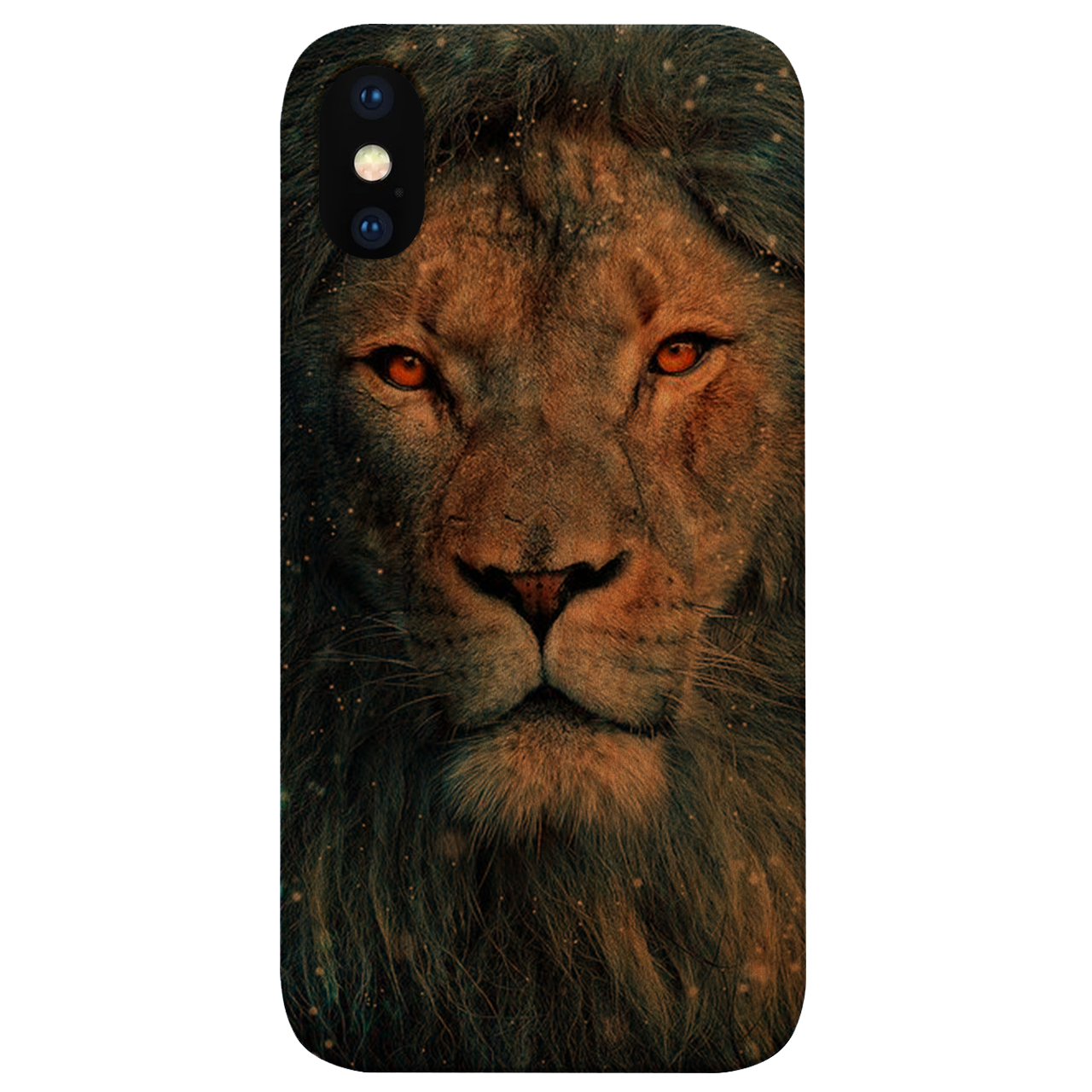 Lion Face Snow phone case featuring vibrant UV color print on a wooden surface, showcasing a lion's face design.