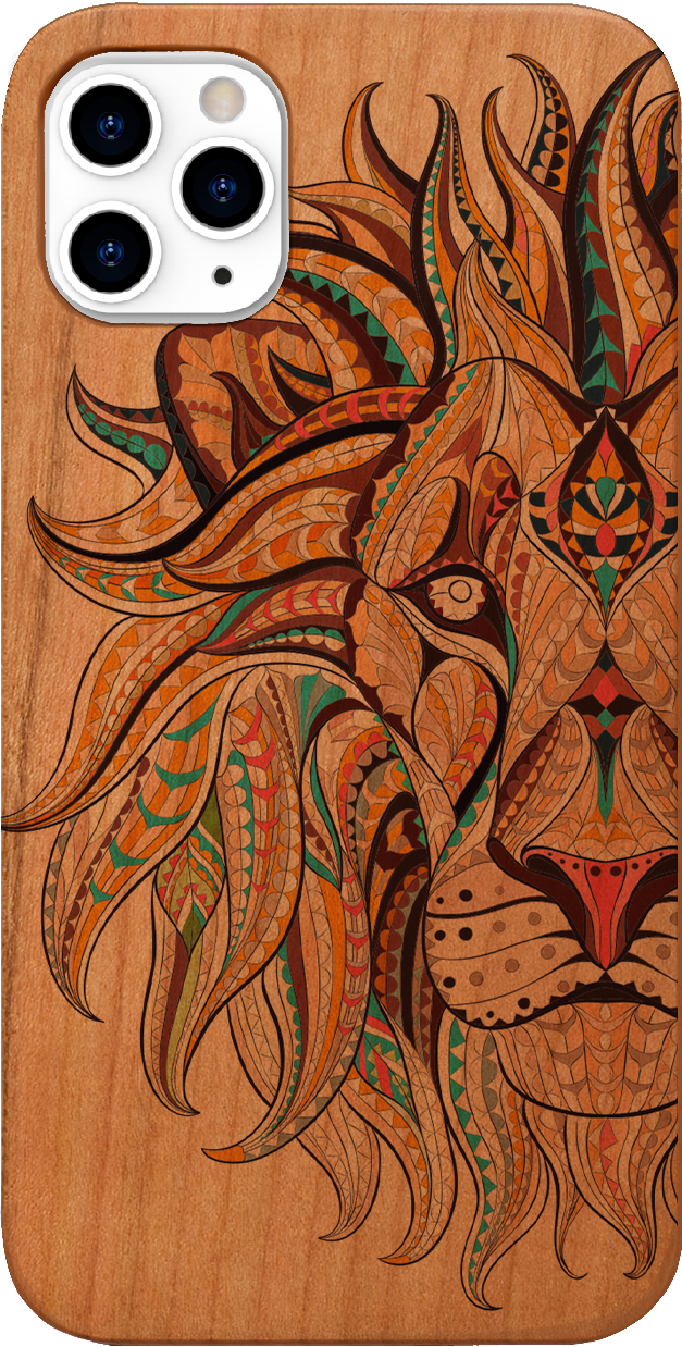 Lion Face UV Color Printed phone case showcasing vibrant colors and intricate wood craftsmanship, designed for iPhone and Samsung models.