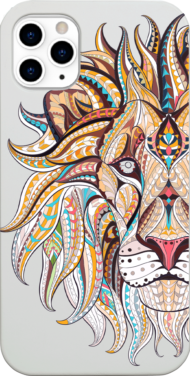 Lion Face UV Color Printed phone case showcasing vibrant colors and intricate wood craftsmanship, designed for iPhone and Samsung models.