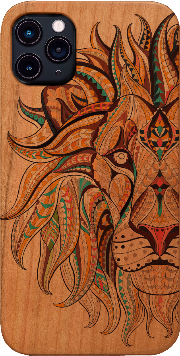 Lion Face UV Color Printed phone case showcasing vibrant colors and intricate wood craftsmanship, designed for iPhone and Samsung models.