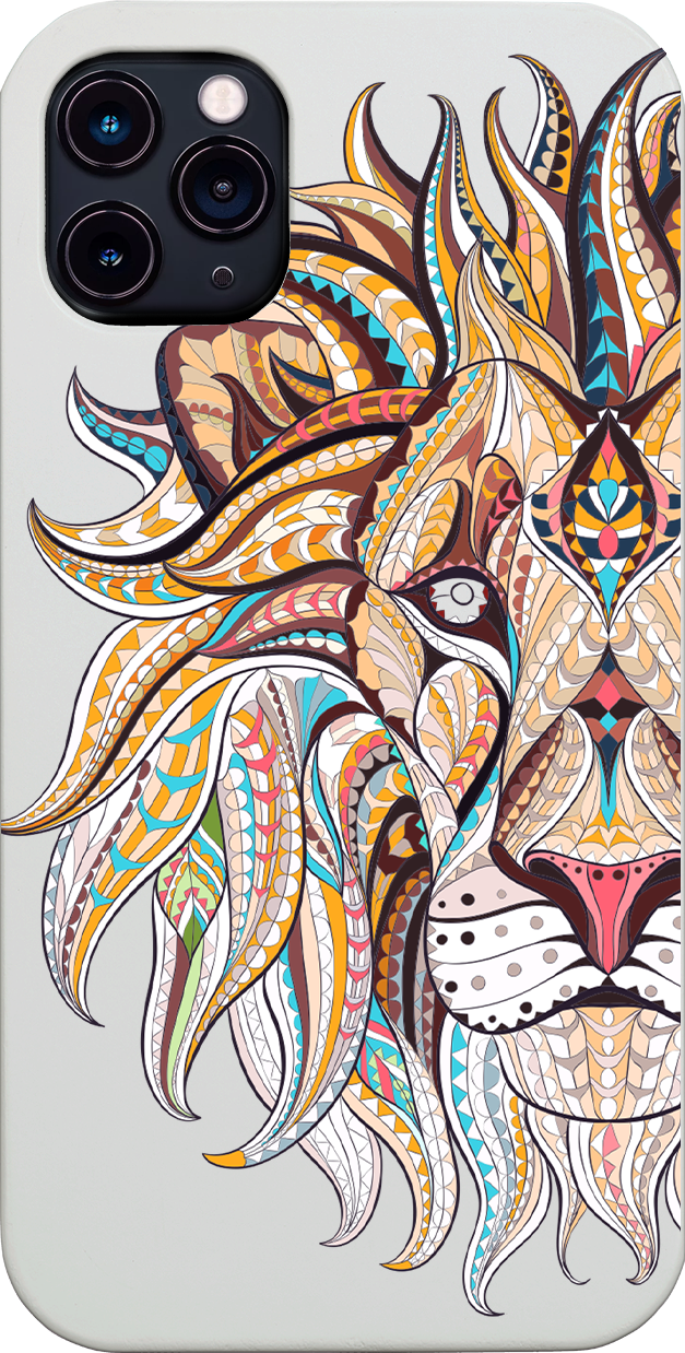 Lion Face UV Color Printed phone case showcasing vibrant colors and intricate wood craftsmanship, designed for iPhone and Samsung models.