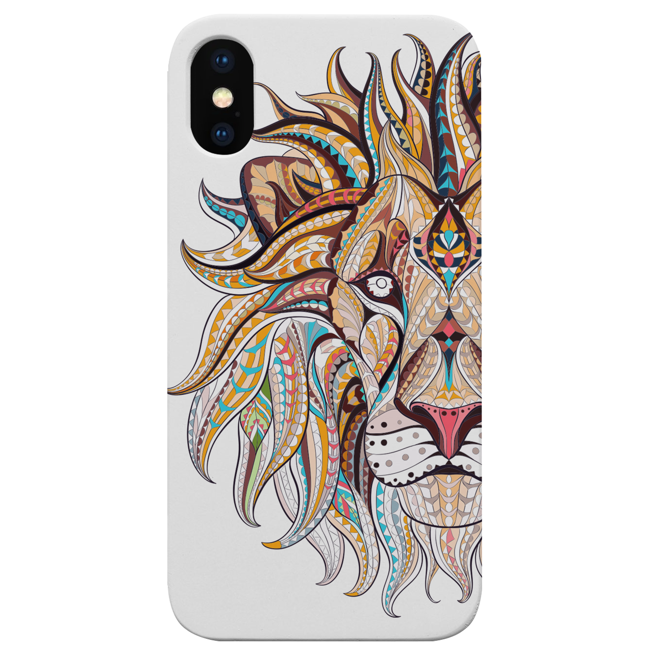 Lion Face UV Color Printed phone case showcasing vibrant colors and intricate wood craftsmanship, designed for iPhone and Samsung models.