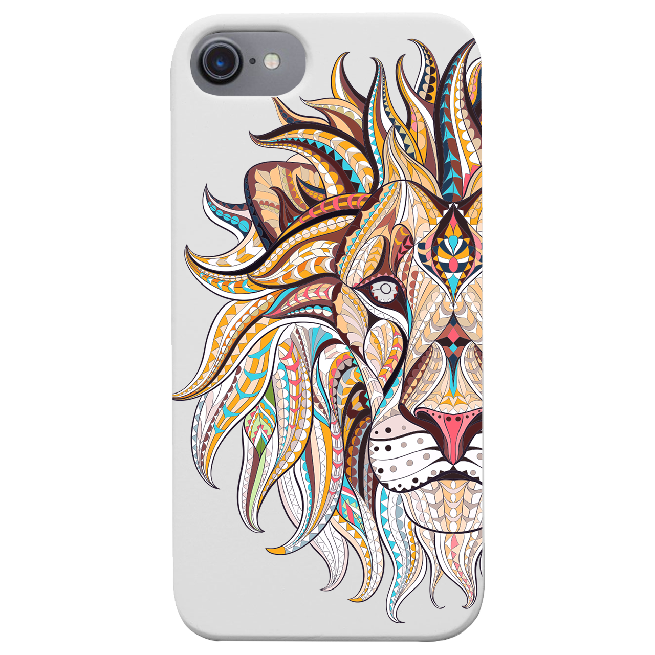 Lion Face UV Color Printed phone case showcasing vibrant colors and intricate wood craftsmanship, designed for iPhone and Samsung models.