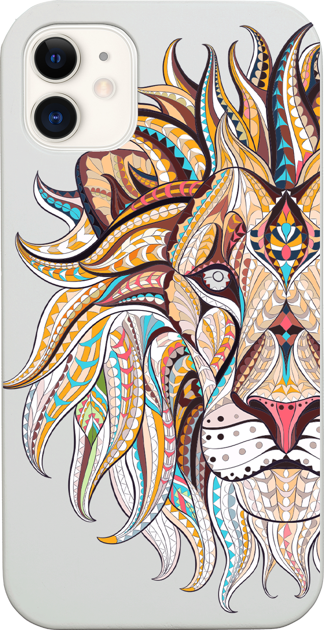 Lion Face UV Color Printed phone case showcasing vibrant colors and intricate wood craftsmanship, designed for iPhone and Samsung models.