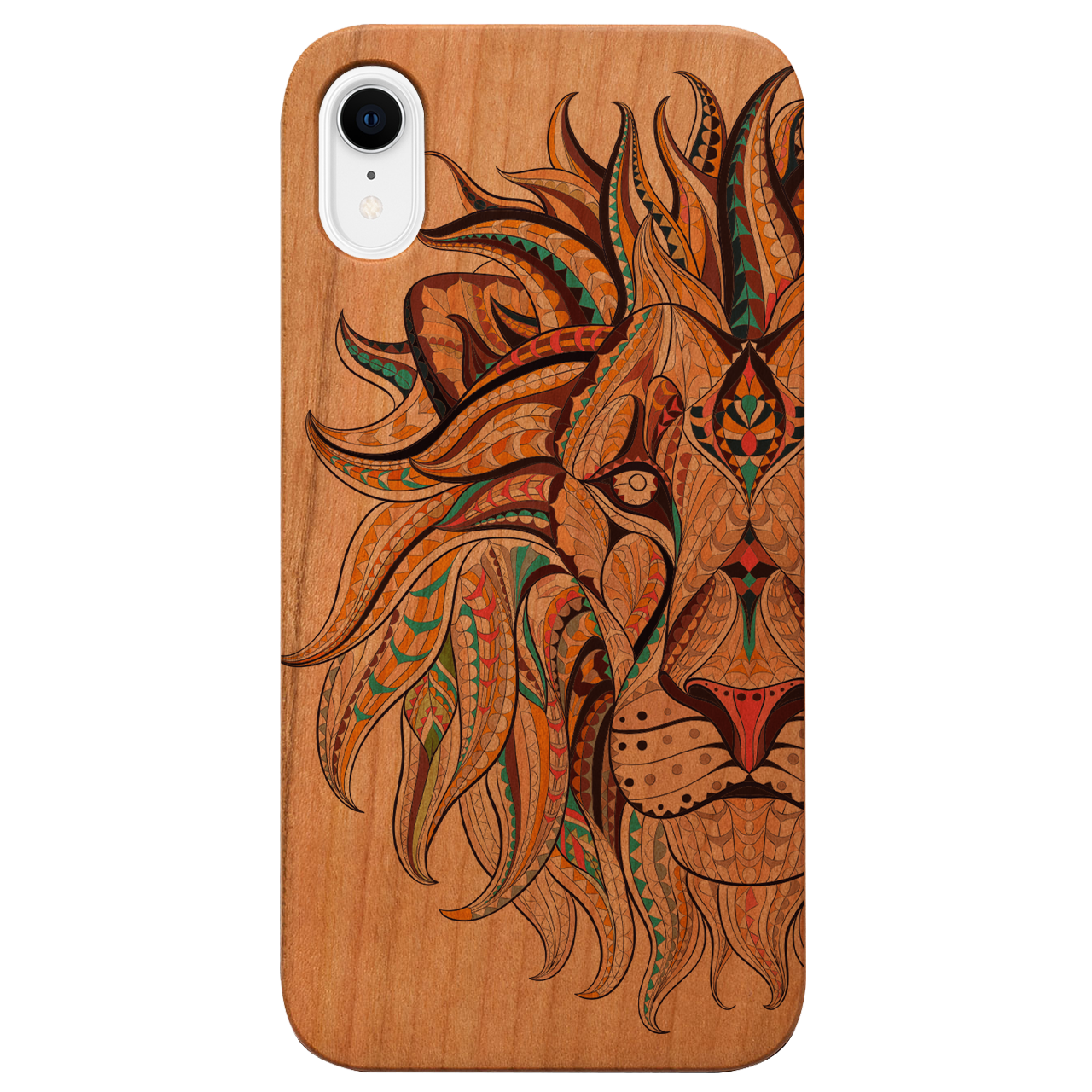 Lion Face UV Color Printed phone case showcasing vibrant colors and intricate wood craftsmanship, designed for iPhone and Samsung models.