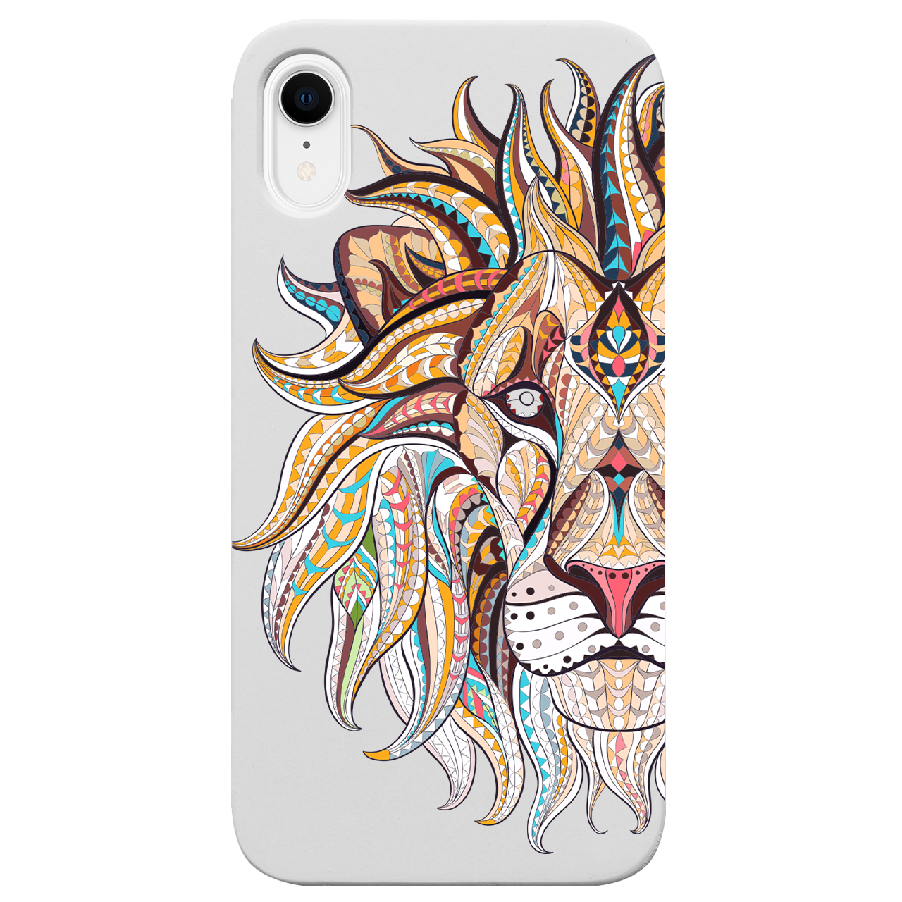 Lion Face UV Color Printed phone case showcasing vibrant colors and intricate wood craftsmanship, designed for iPhone and Samsung models.