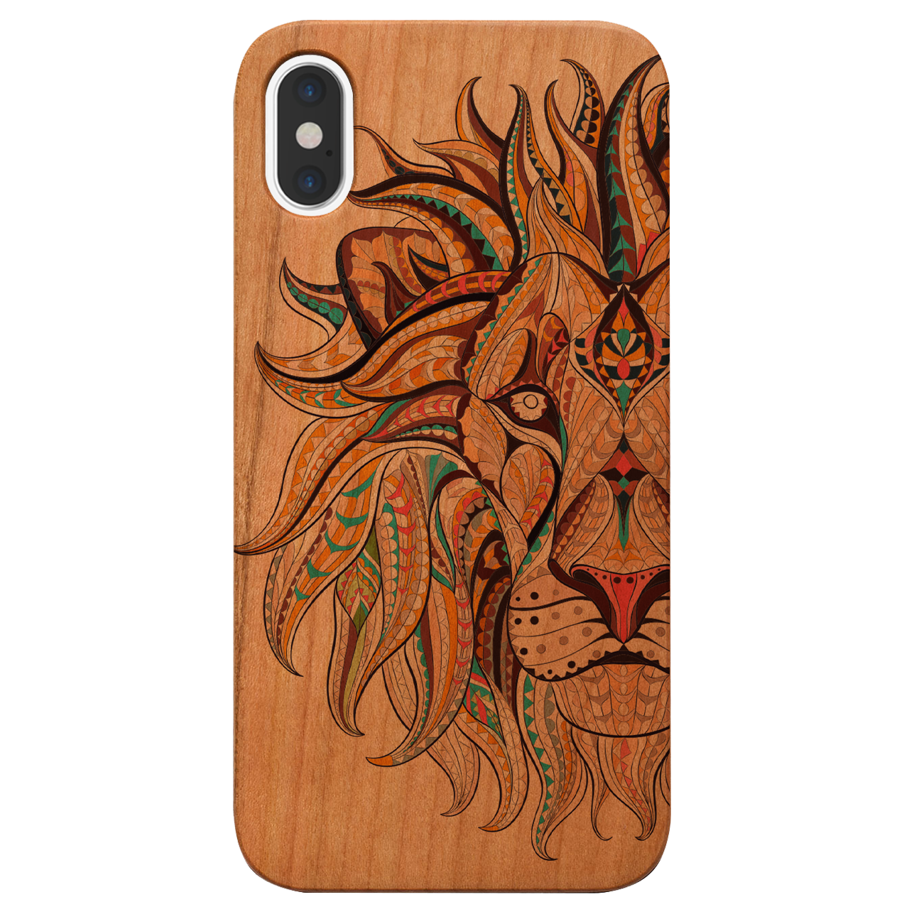 Lion Face UV Color Printed phone case showcasing vibrant colors and intricate wood craftsmanship, designed for iPhone and Samsung models.