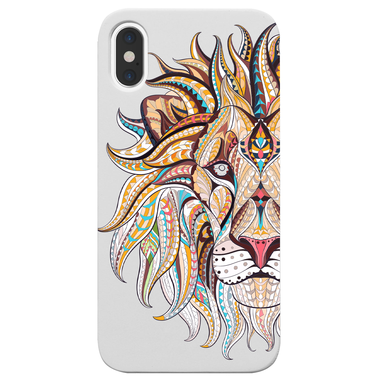 Lion Face UV Color Printed phone case showcasing vibrant colors and intricate wood craftsmanship, designed for iPhone and Samsung models.