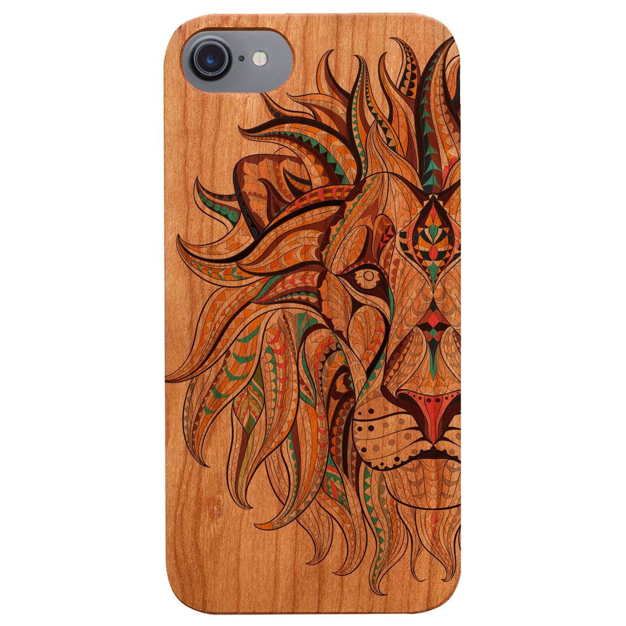 Lion Face UV Color Printed phone case showcasing vibrant colors and intricate wood craftsmanship, designed for iPhone and Samsung models.
