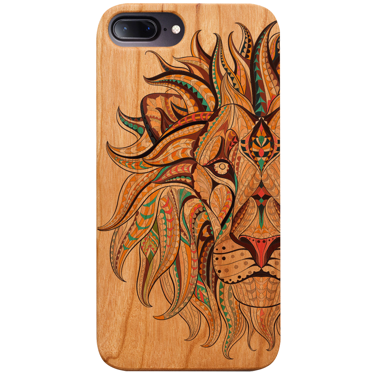 Lion Face UV Color Printed phone case showcasing vibrant colors and intricate wood craftsmanship, designed for iPhone and Samsung models.