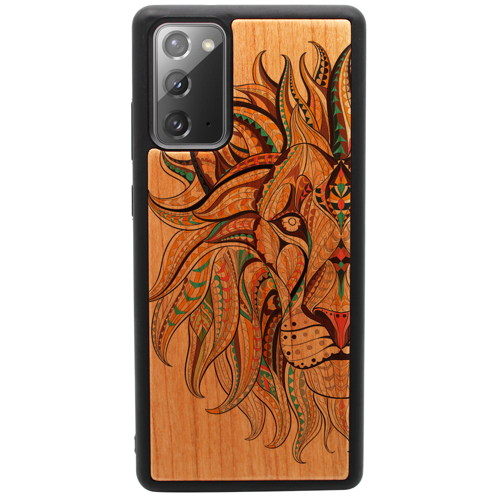 Lion Face UV Color Printed phone case showcasing vibrant colors and intricate wood craftsmanship, designed for iPhone and Samsung models.