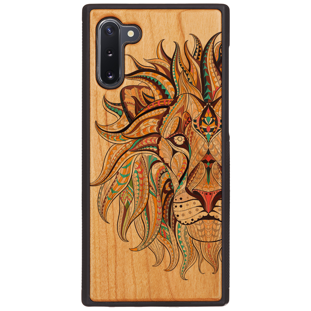 Lion Face UV Color Printed phone case showcasing vibrant colors and intricate wood craftsmanship, designed for iPhone and Samsung models.