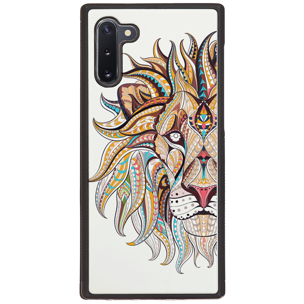 Lion Face UV Color Printed phone case showcasing vibrant colors and intricate wood craftsmanship, designed for iPhone and Samsung models.