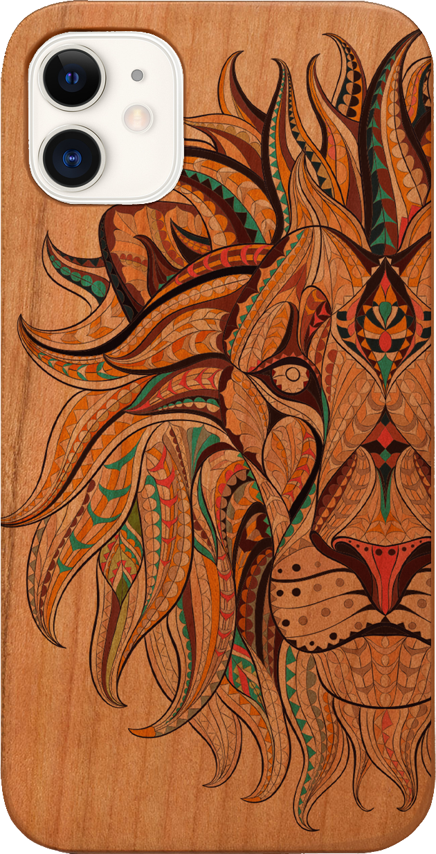 Lion Face UV Color Printed phone case showcasing vibrant colors and intricate wood craftsmanship, designed for iPhone and Samsung models.
