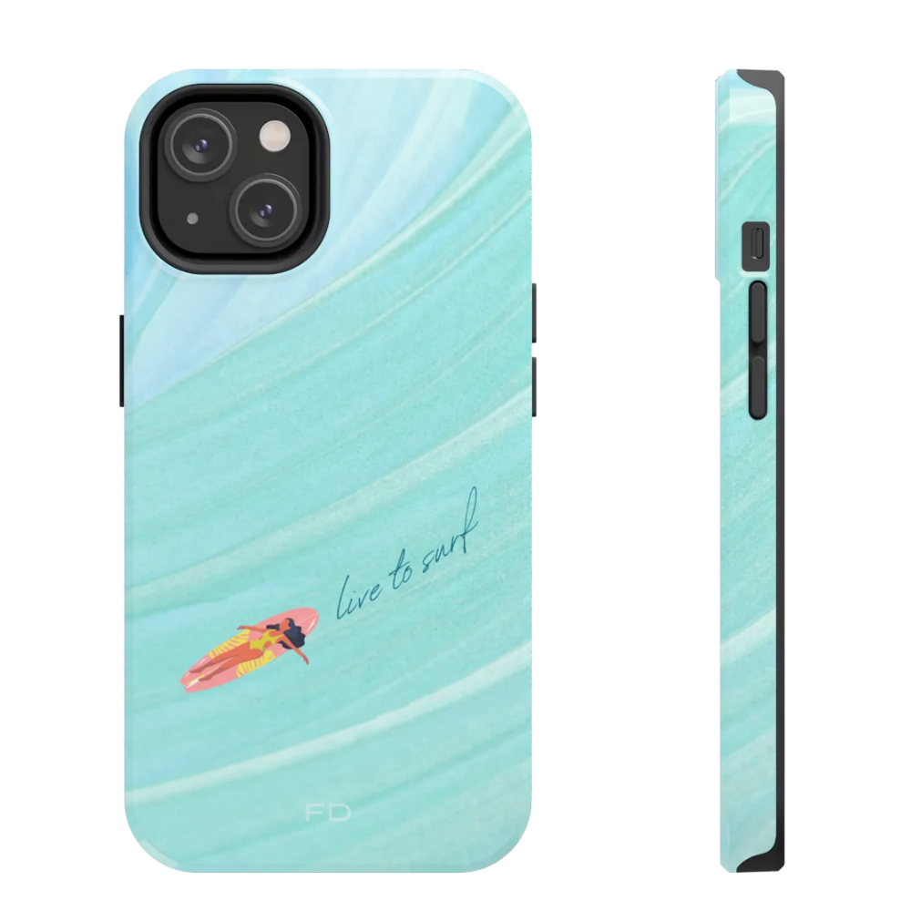 Live to Surf Tough Case for iPhone, featuring a glossy finish and rubber liner for protection, designed for wireless charging.