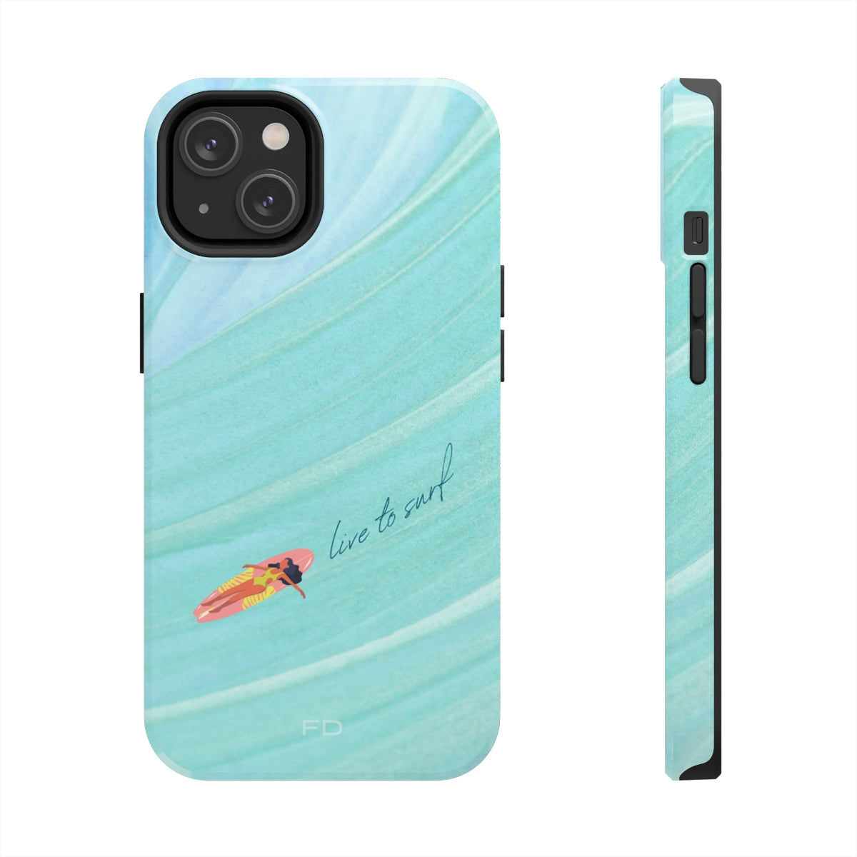 Live to Surf Tough Case for iPhone, featuring a glossy finish and rubber liner for protection, designed for wireless charging.
