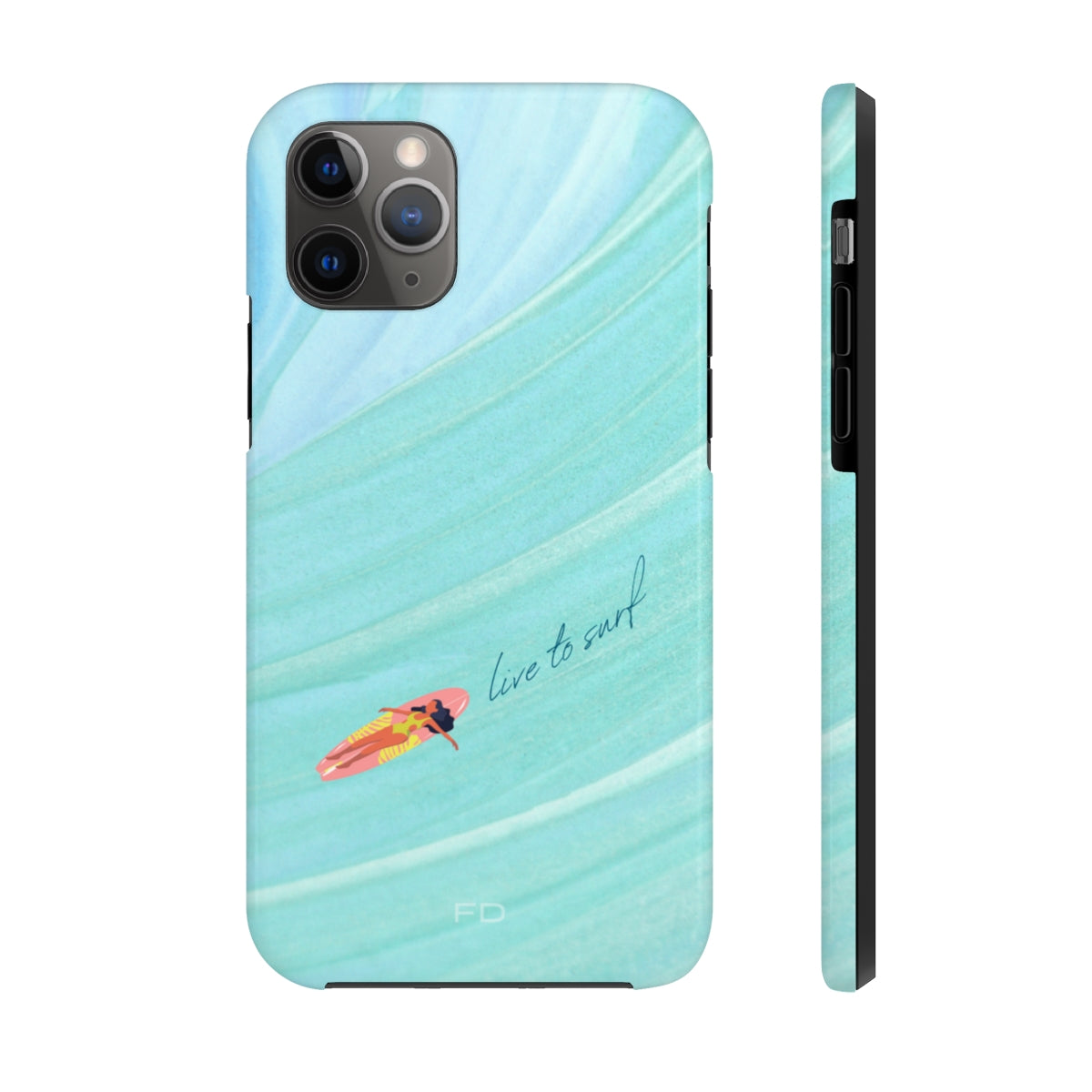 Live to Surf Tough Case for iPhone, featuring a glossy finish and rubber liner for protection, designed for wireless charging.