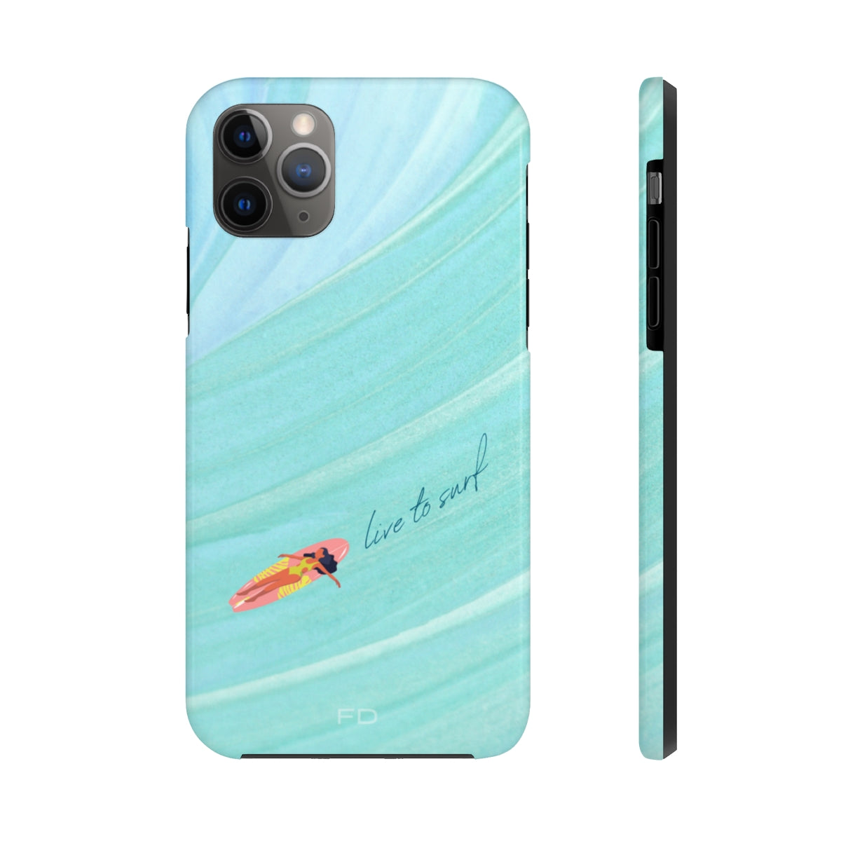 Live to Surf Tough Case for iPhone, featuring a glossy finish and rubber liner for protection, designed for wireless charging.
