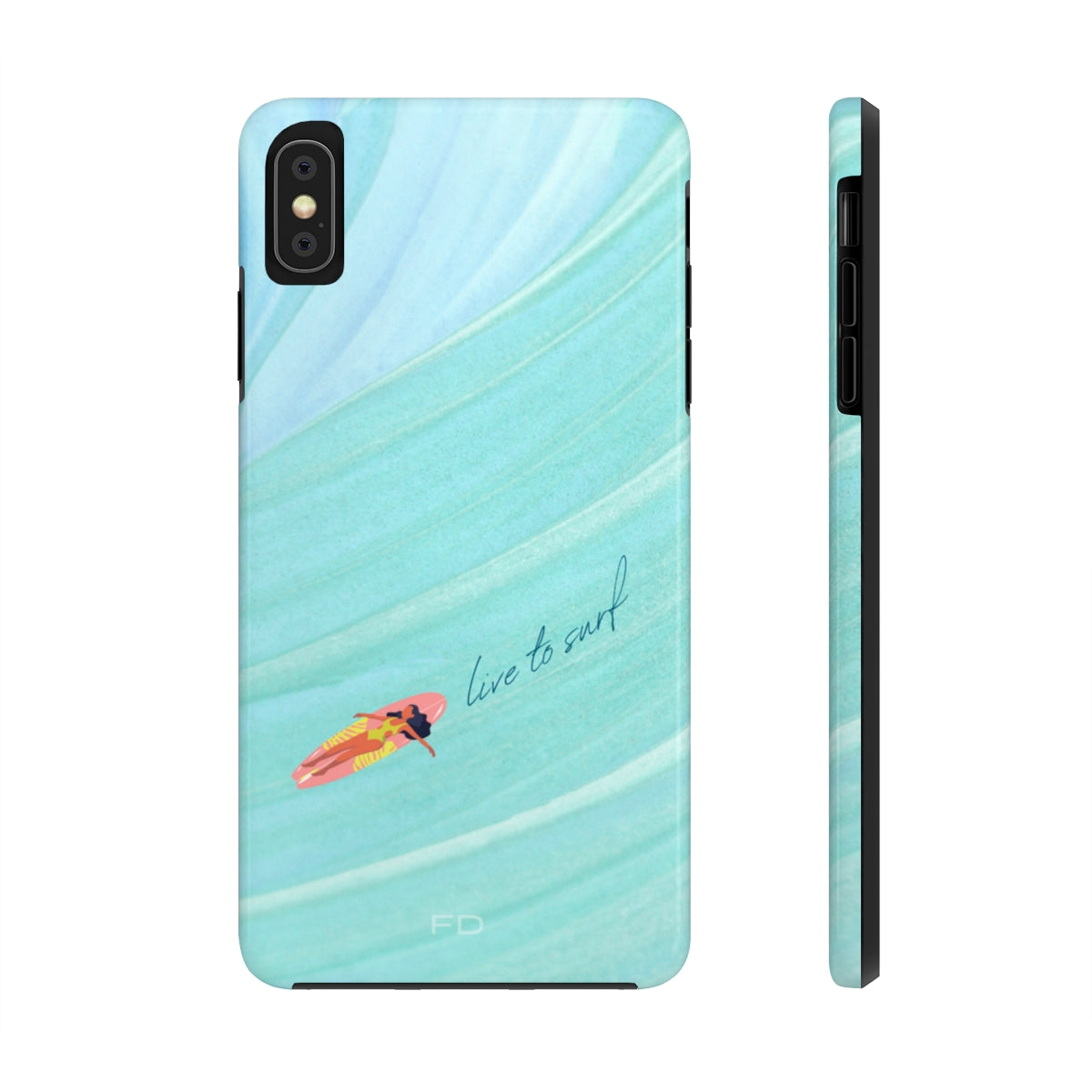 Live to Surf Tough Case for iPhone, featuring a glossy finish and rubber liner for protection, designed for wireless charging.